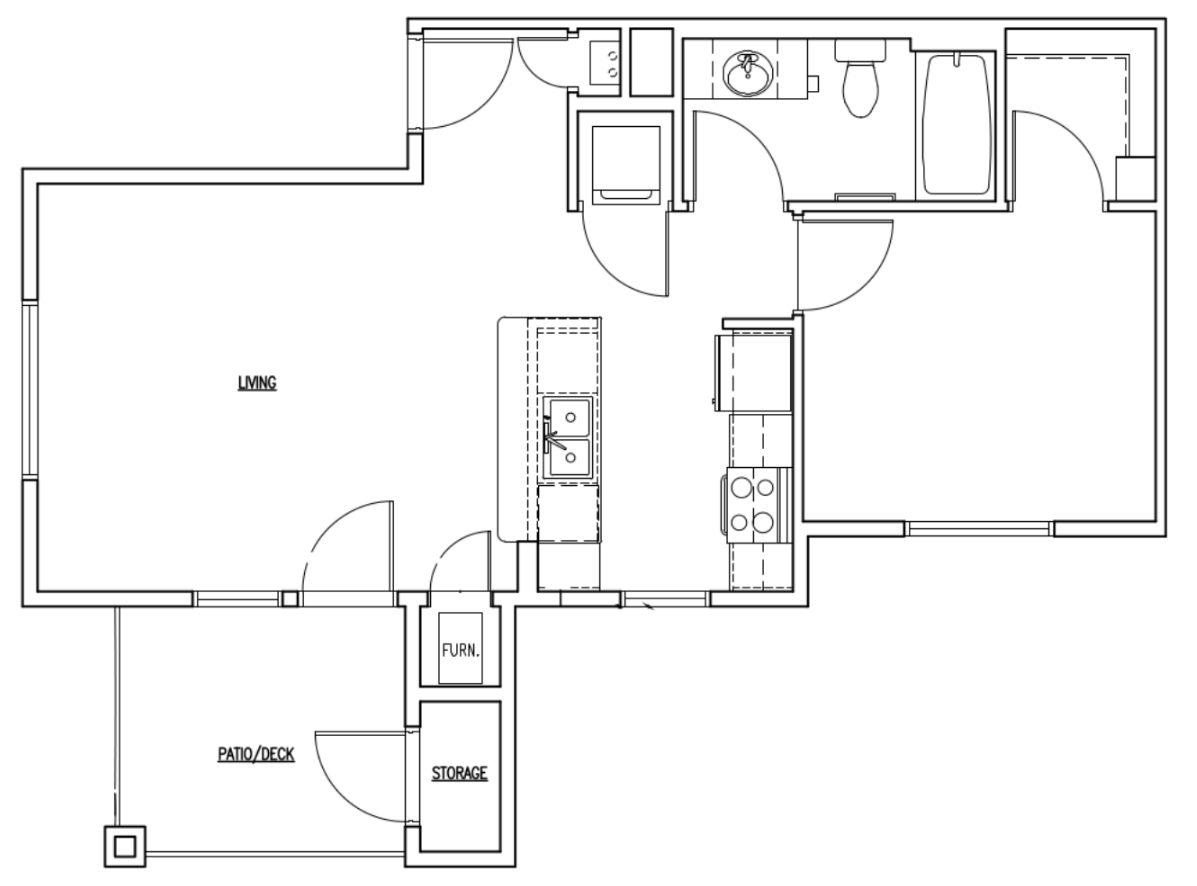 Floor plan for 1 bed, 1 bath, 686 sqft